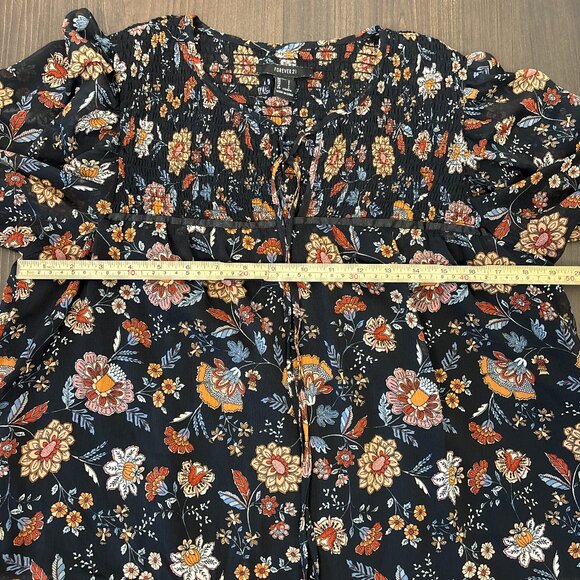 Forever 21 Black Floral Boho Babydoll Mini Dress Women’s‎ Large Tiered Skirt - Picture 15 of 16
